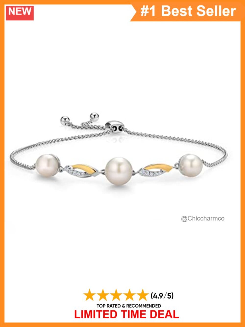 Pearl & Lab Grown Diamond Tennis Bracelet 925 Silver 10K Yellow Gold 9.25"